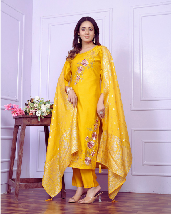 Russian Silk Yellow & Blue Kurta Set With Dupatta